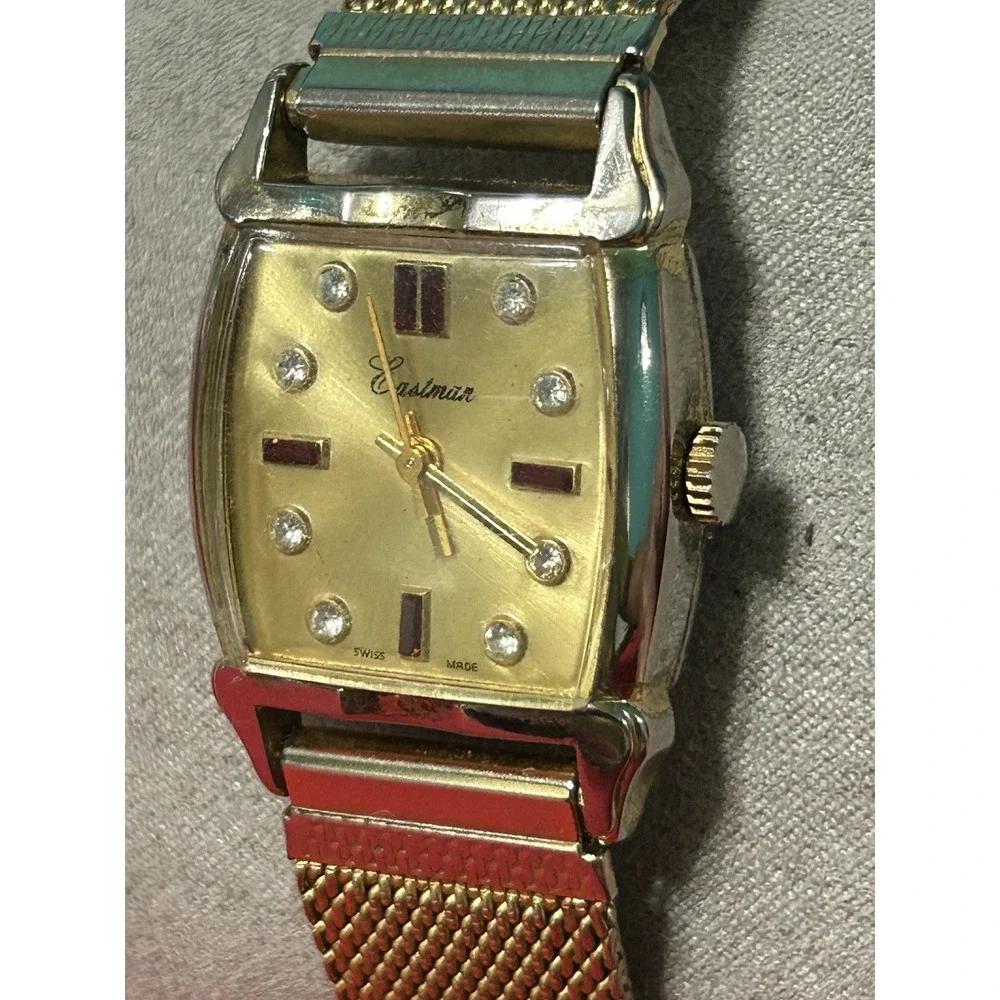 Vintage EASTMAN Diamond + Ruby Swiss Mens Watch Mechanical Hand Wind Read